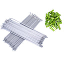 Stainless steel mx spokes along side Green nipples on a white background