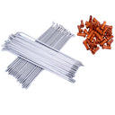 A set of silver stainless steel spokes for a MX/Enduro wheel, with a et of red alloy nipples by the side on a white background