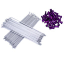 A set of silver stainless steel spokes for a mx enduro bikes, with purple nipples
