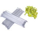 A set of silver stainless steel spokes for a mx eundro wheel, along side yellow alloy nipples