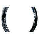 Close-up image of gloss black rim with Excel branding 