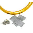 Gold motorcycle rim with silver spokes and nipples on a white background