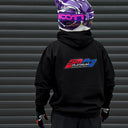 Person wearing a black hoodie with 'Spro Platinum' logo and a colorful helmet on a gray background